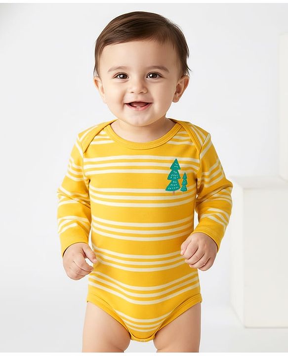 Babyhug 100% Cotton Interlock Knit Full Sleeves Onesie with Stripes & Tree Print - Yellow