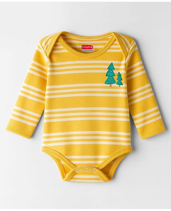 Babyhug 100% Cotton Interlock Knit Full Sleeves Onesie with Stripes & Tree Print - Yellow