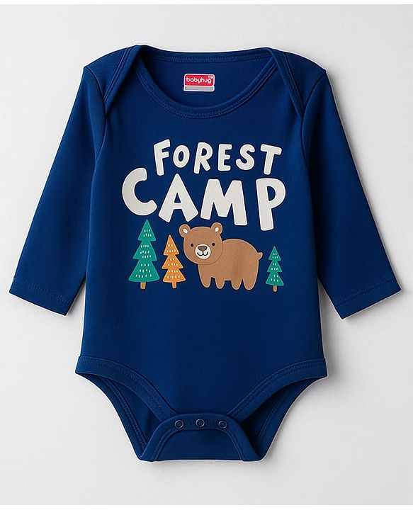 Babyhug 100% Cotton Interlock Knit Full Sleeves Onesie with Bear Print - Navy Blue