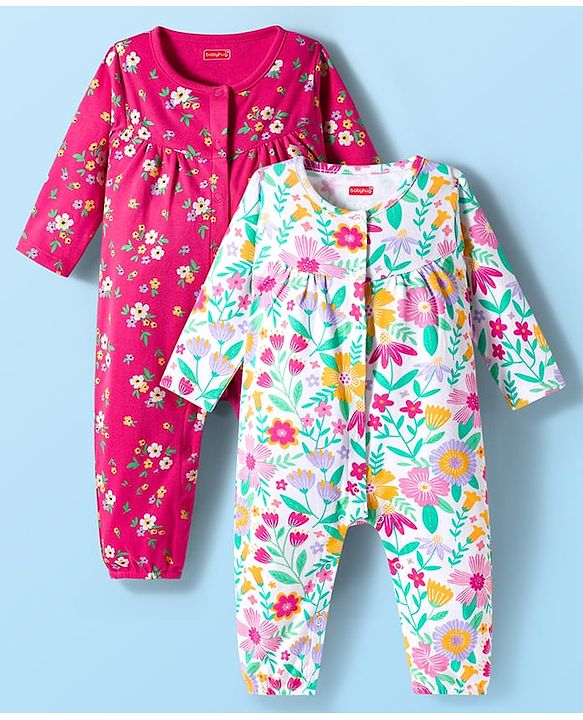 Babyhug 100% Cotton Interlock Knit Full Sleeves Front Open Romper Pack of 2 - Dark Pink & White