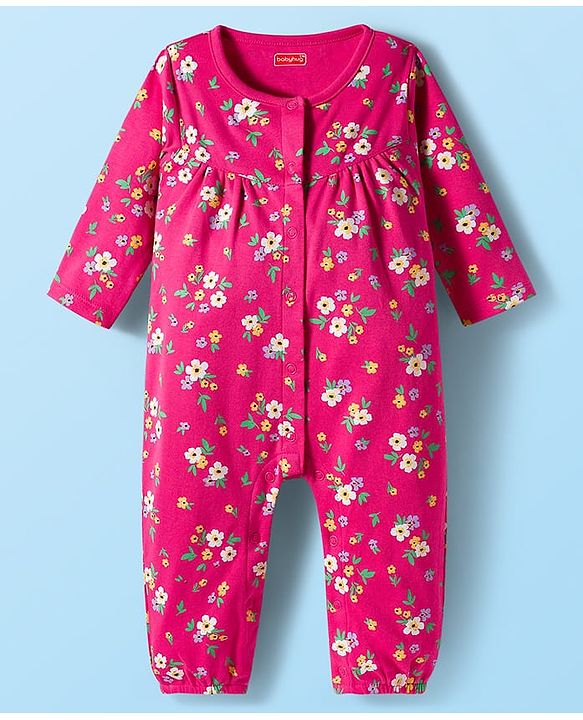 Babyhug 100% Cotton Interlock Knit Full Sleeves Front Open Romper Pack of 2 - Dark Pink & White