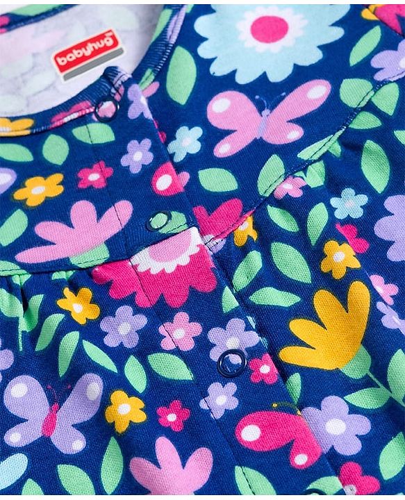 Babyhug 100% Cotton Knit Full Sleeves Floral & Polka Dot Printed Rompers Pack of 2 - Navy Blue & Pink