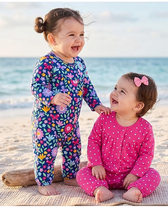 Babyhug 100% Cotton Knit Full Sleeves Floral & Polka Dot Printed Rompers Pack of 2 - Navy Blue & Pink