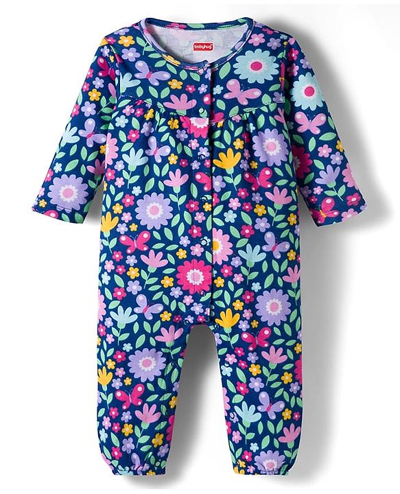 Babyhug 100% Cotton Knit Full Sleeves Floral & Polka Dot Printed Rompers Pack of 2 - Navy Blue & Pink