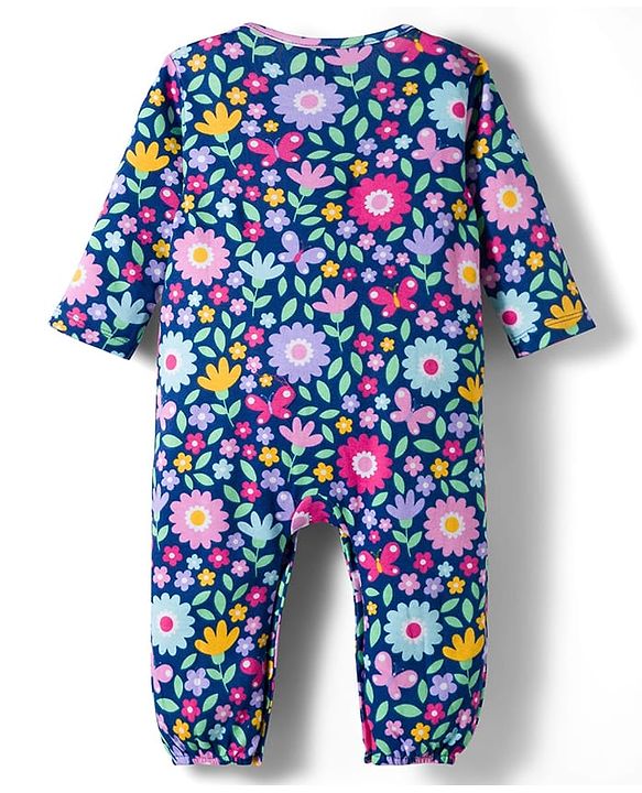 Babyhug 100% Cotton Knit Full Sleeves Floral & Polka Dot Printed Rompers Pack of 2 - Navy Blue & Pink