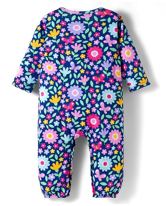 Babyhug 100% Cotton Knit Full Sleeves Floral & Polka Dot Printed Rompers Pack of 2 - Navy Blue & Pink