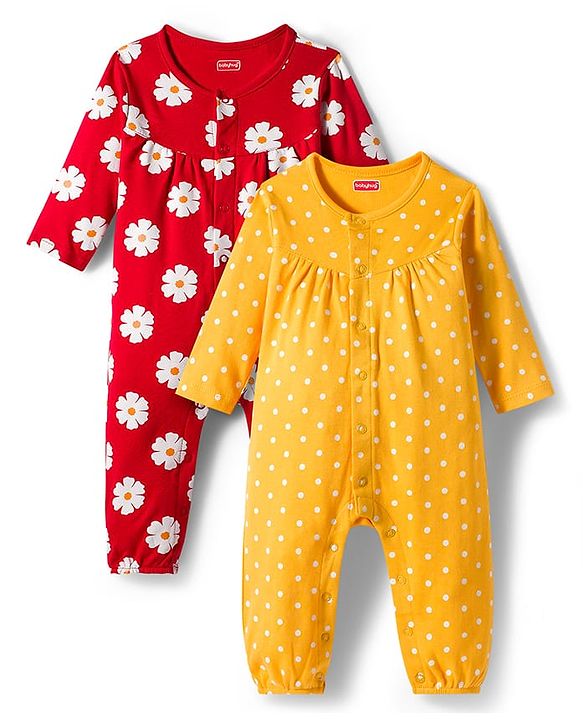 Babyhug 100% Cotton Interlock Knit Full Sleeves Rompers with Polka Dot & Floral Print Pack of 2 - Red & Yellow