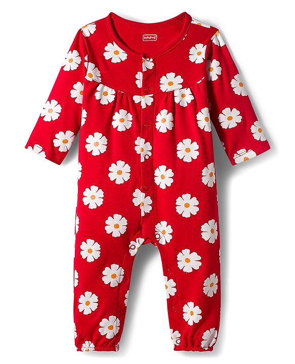 Babyhug 100% Cotton Interlock Knit Full Sleeves Rompers with Polka Dot & Floral Print Pack of 2 - Red & Yellow