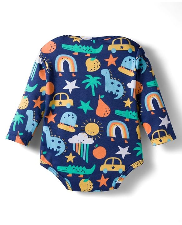 Babyhug 100% Cotton Knit Full Sleeves Printed Onesie With Leggings - Navy Blue & Yellow