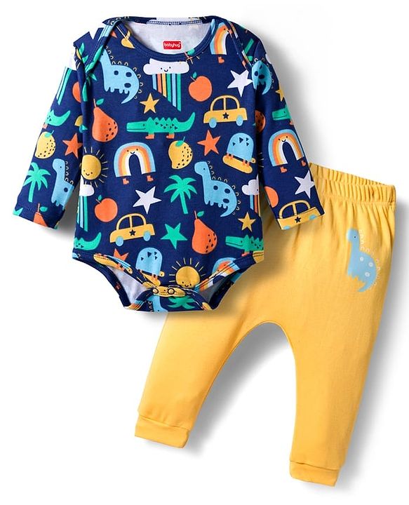 Babyhug 100% Cotton Knit Full Sleeves Printed Onesie With Leggings - Navy Blue & Yellow