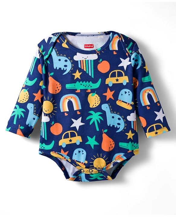 Babyhug 100% Cotton Knit Full Sleeves Printed Onesie With Leggings - Navy Blue & Yellow