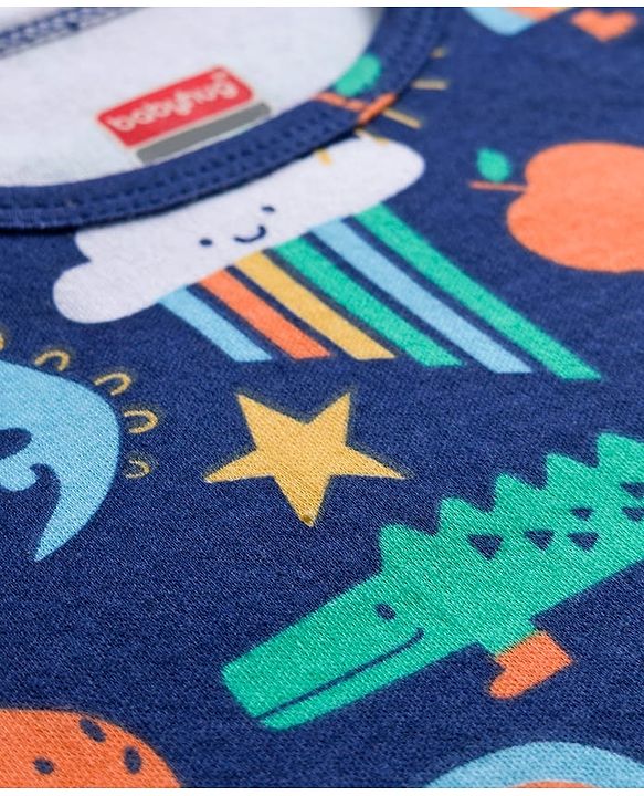 Babyhug 100% Cotton Knit Full Sleeves Printed Onesie With Leggings - Navy Blue & Yellow
