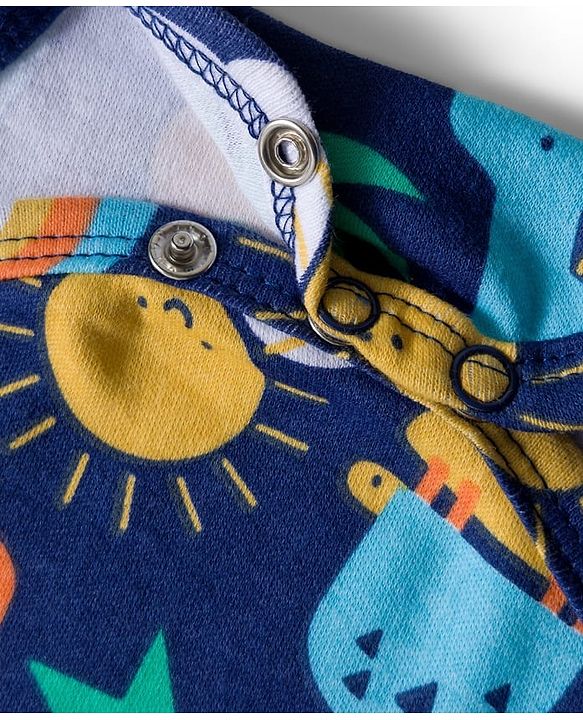 Babyhug 100% Cotton Knit Full Sleeves Printed Onesie With Leggings - Navy Blue & Yellow