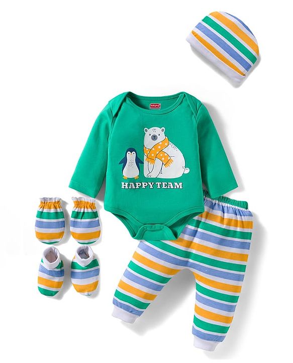 Babyhug 100% Cotton Interlock Knit Full Sleeves Onesie with Legging & Cap Mittens Booties Set with Stripes & Polar Bear Print - Light Green