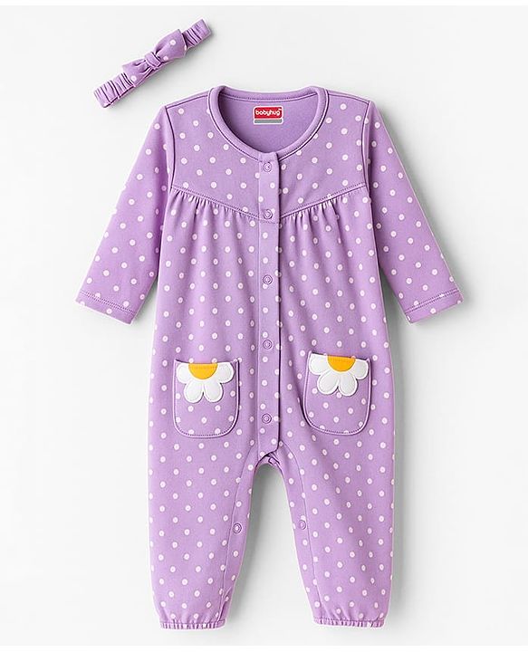 Babyhug 100% Cotton Interlock Knit Full Sleeves Front Open Romper with Hairband & Polka Dot & Floral Patch - Purple