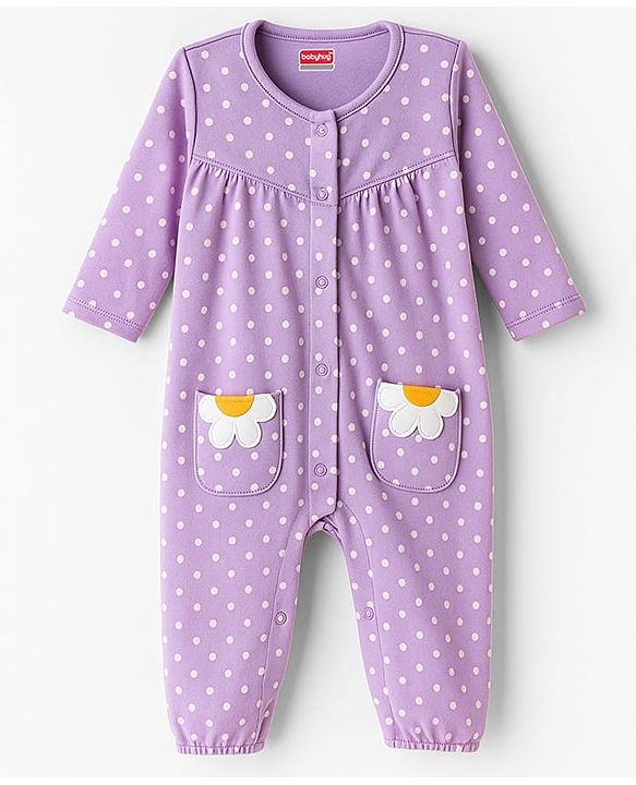 Babyhug 100% Cotton Interlock Knit Full Sleeves Front Open Romper with Hairband & Polka Dot & Floral Patch - Purple