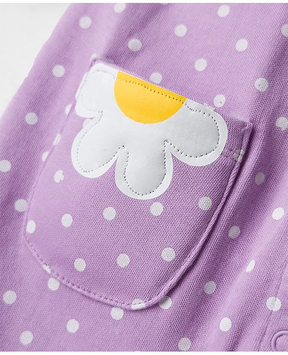 Babyhug 100% Cotton Interlock Knit Full Sleeves Front Open Romper with Hairband & Polka Dot & Floral Patch - Purple