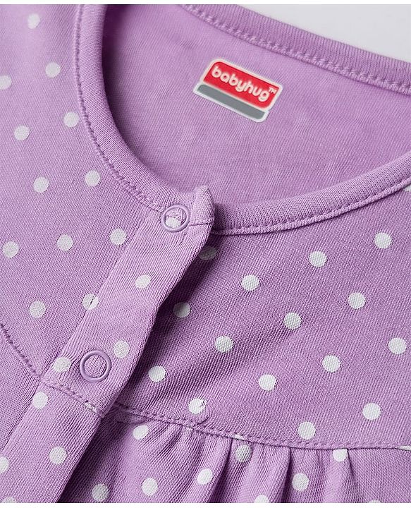 Babyhug 100% Cotton Interlock Knit Full Sleeves Front Open Romper with Hairband & Polka Dot & Floral Patch - Purple