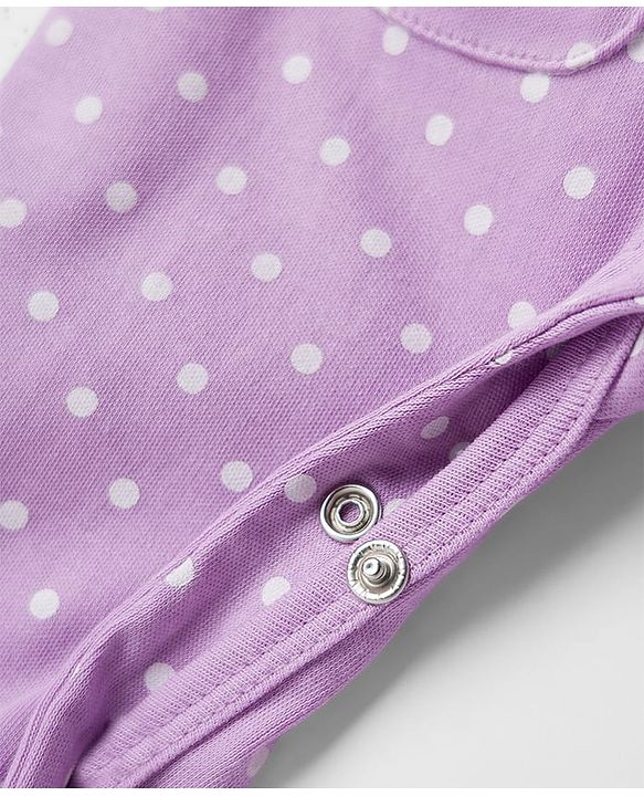 Babyhug 100% Cotton Interlock Knit Full Sleeves Front Open Romper with Hairband & Polka Dot & Floral Patch - Purple
