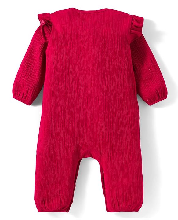 Babyhug Interlock Knit Full Sleeves Floral Embroidered Romper With Hairband & Booties - Red