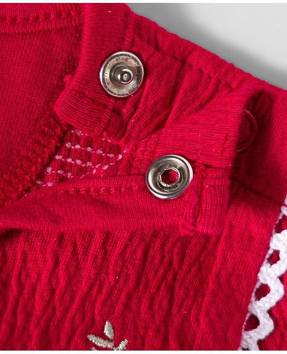 Babyhug Interlock Knit Full Sleeves Floral Embroidered Romper With Hairband & Booties - Red