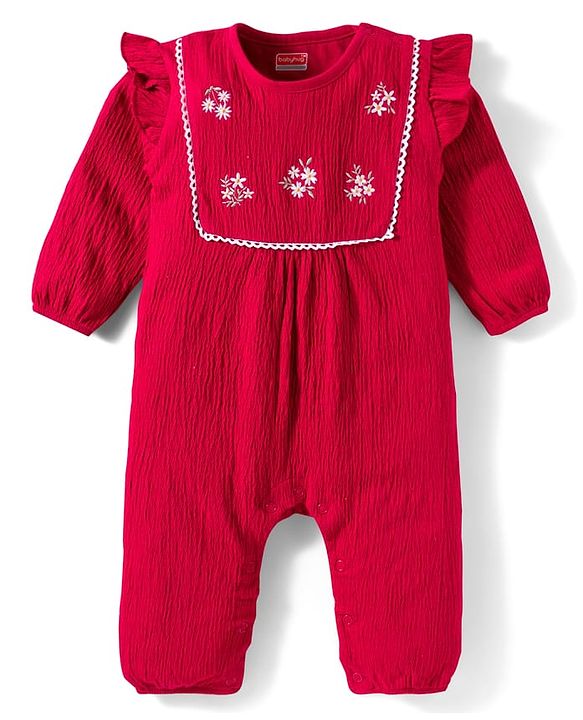 Babyhug Interlock Knit Full Sleeves Floral Embroidered Romper With Hairband & Booties - Red