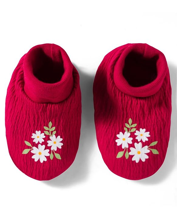 Babyhug Interlock Knit Full Sleeves Floral Embroidered Romper With Hairband & Booties - Red
