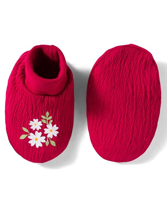 Babyhug Interlock Knit Full Sleeves Floral Embroidered Romper With Hairband & Booties - Red