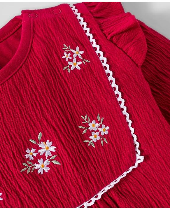 Babyhug Interlock Knit Full Sleeves Floral Embroidered Romper With Hairband & Booties - Red