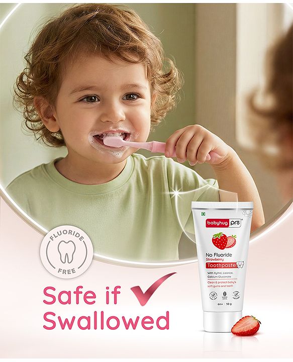 Babyhug Pro Strawberry Fluoride-Free Toothpaste with 100% Natural Ingredients, Xylitol & Calcium   50 g