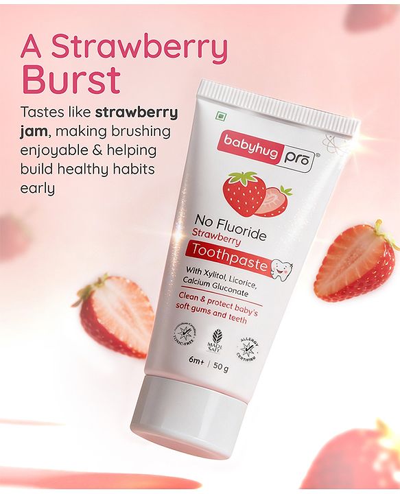 Babyhug Pro Strawberry Fluoride-Free Toothpaste with 100% Natural Ingredients, Xylitol & Calcium   50 g