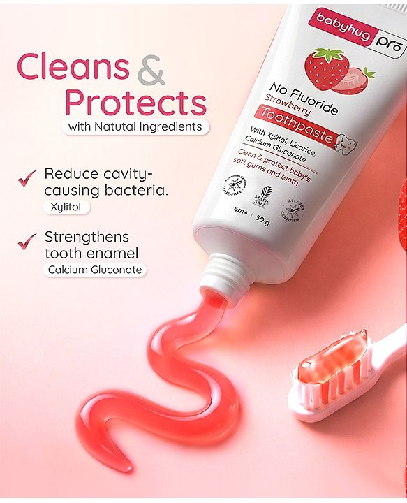 Babyhug Pro Strawberry Fluoride-Free Toothpaste with 100% Natural Ingredients, Xylitol & Calcium   50 g