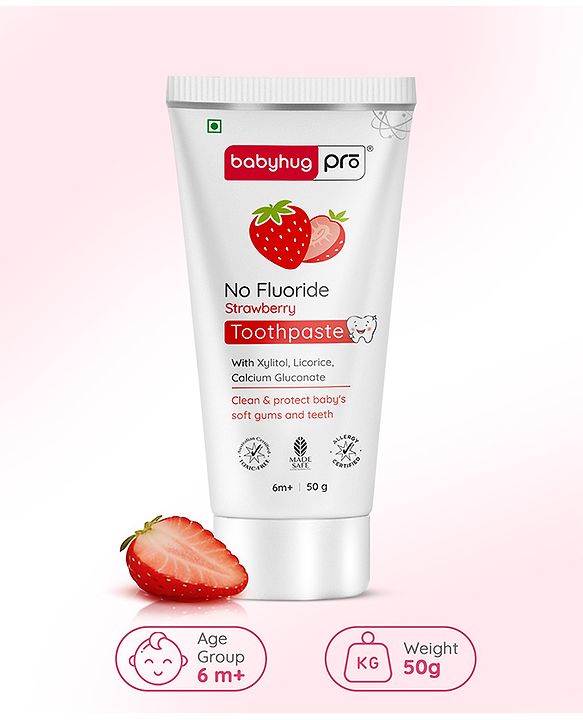 Babyhug Pro Strawberry Fluoride-Free Toothpaste with 100% Natural Ingredients, Xylitol & Calcium   50 g