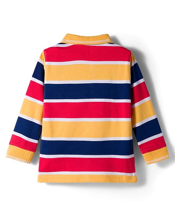 Babyhug Knit Full Sleeves Striped Polo T-Shirt with Text Embroidery - Multicolor