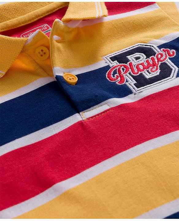 Babyhug Knit Full Sleeves Striped Polo T-Shirt with Text Embroidery - Multicolor