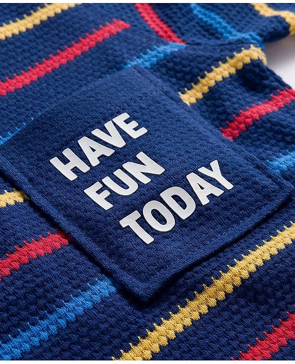 Babyhug Knit Full Sleeves Striped Henley Neck T-Shirt with Text Print - Navy Blue