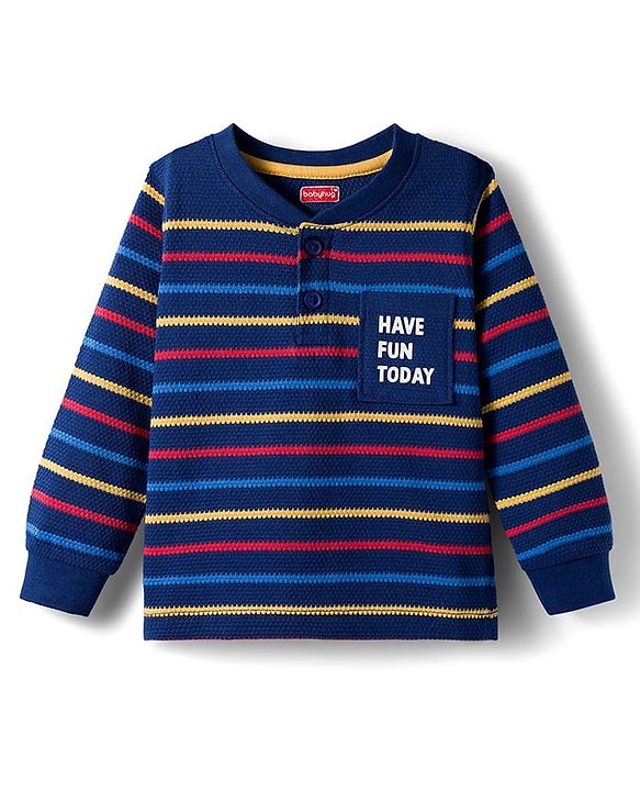 Babyhug Knit Full Sleeves Striped Henley Neck T-Shirt with Text Print - Navy Blue