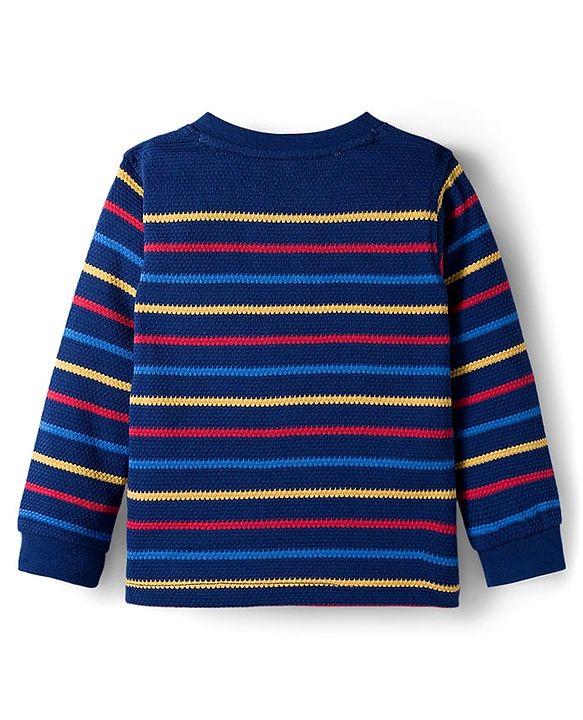 Babyhug Knit Full Sleeves Striped Henley Neck T-Shirt with Text Print - Navy Blue