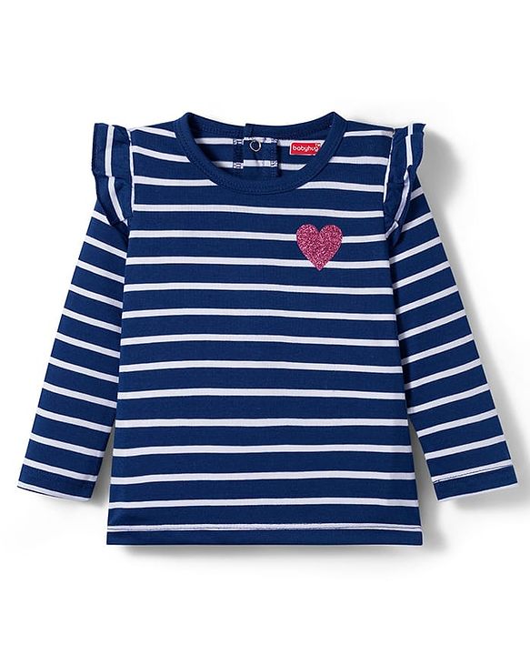 Babyhug Knit Full Sleeves Striped T-Shirt with Heart Glitter Print - Navy Blue