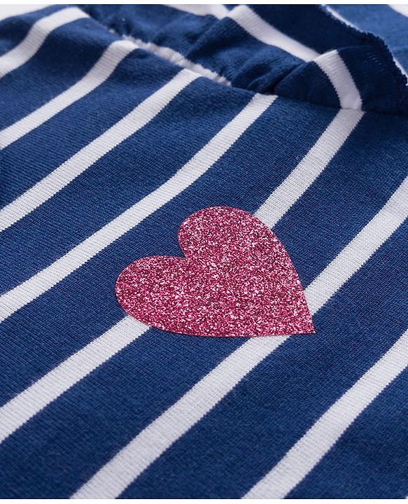 Babyhug Knit Full Sleeves Striped T-Shirt with Heart Glitter Print - Navy Blue
