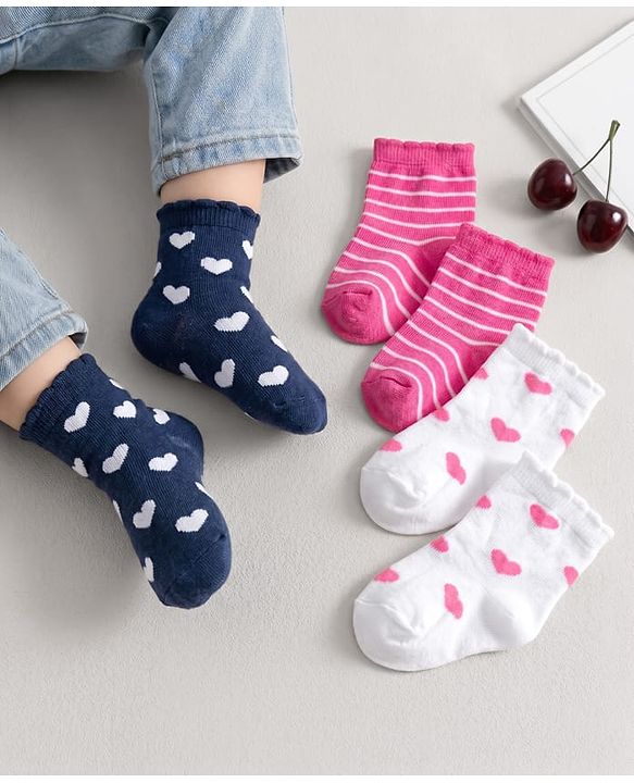 Cute Walk by Babyhug Ankle Length Antibacterial Socks With Stripes & Heart Design Pack Of 3 - Pink & White