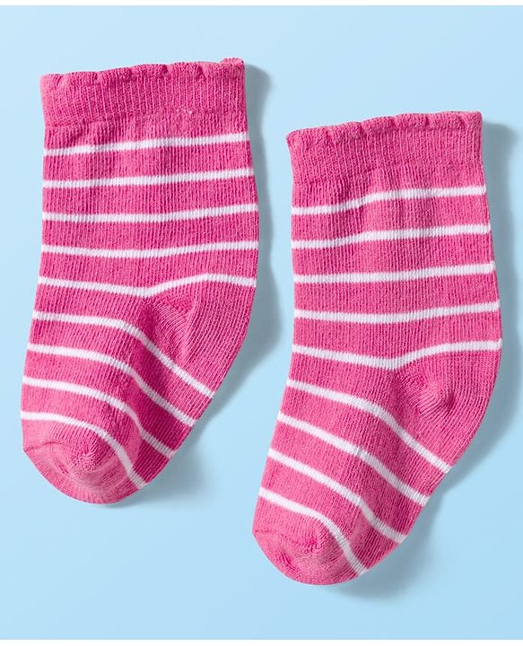 Cute Walk by Babyhug Ankle Length Antibacterial Socks With Stripes & Heart Design Pack Of 3 - Pink & White