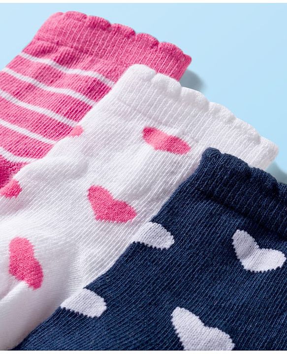 Cute Walk by Babyhug Ankle Length Antibacterial Socks With Stripes & Heart Design Pack Of 3 - Pink & White