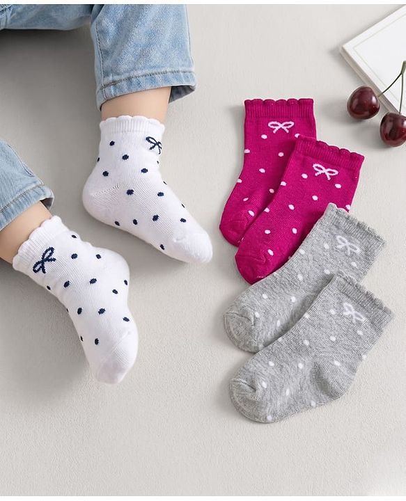 Cute Walk by Babyhug Ankle Length Antibacterial Socks With Stripes Pack Of 3 - Dark Pink & White