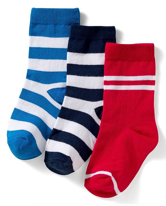Cute Walk by Babyhug Knit Ankle Length Anti Bacterial Socks with Stripes Design Pack of 3 - Red White & Blue
