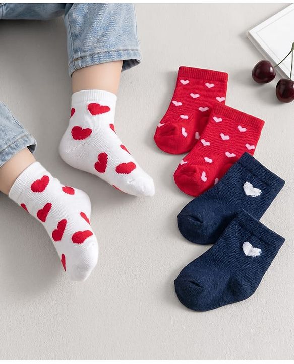 Cute Walk by Babyhug Knit Ankle Length Anti Bacterial Socks with Heart Design Pack of 3 - Red White & Navy Blue