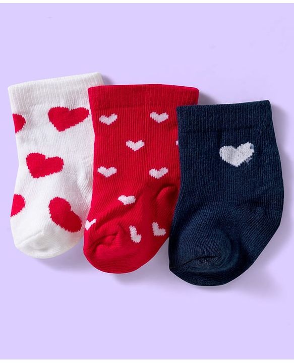 Cute Walk by Babyhug Knit Ankle Length Anti Bacterial Socks with Heart Design Pack of 3 - Red White & Navy Blue