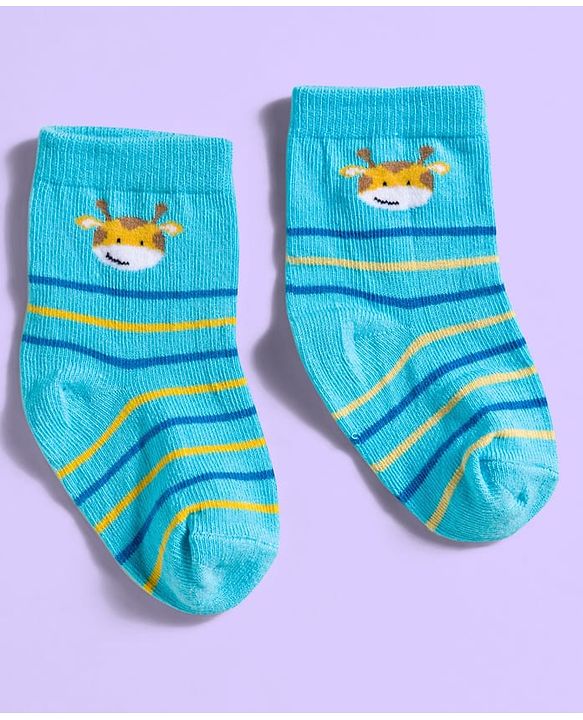 Cute Walk by Babyhug Ankle Length Antibacterial Socks With Stripes & Cat Print Pack Of 3 - Light Blue & White