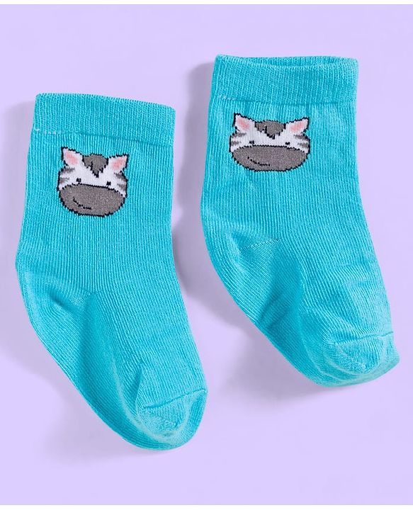 Cute Walk by Babyhug Ankle Length Antibacterial Socks With Stripes & Cat Print Pack Of 3 - Light Blue & White