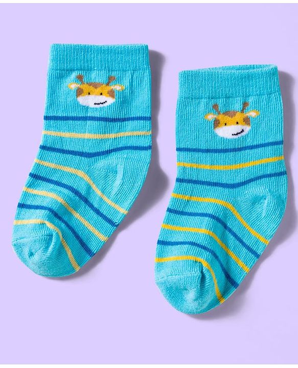 Cute Walk by Babyhug Ankle Length Antibacterial Socks With Stripes & Cat Print Pack Of 3 - Light Blue & White